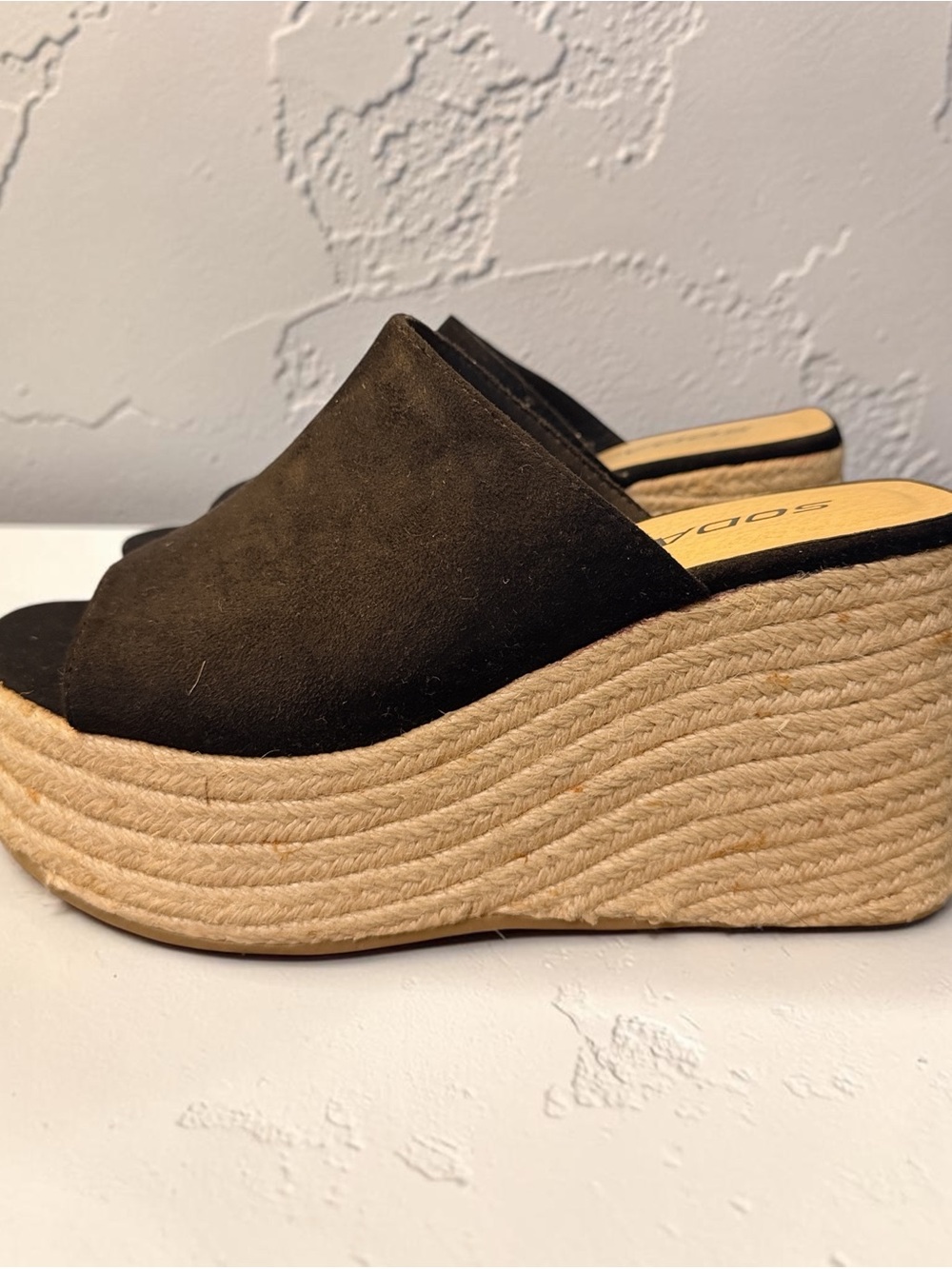 Soda Black Suede Espadrille Wedge Mules - Women size 8